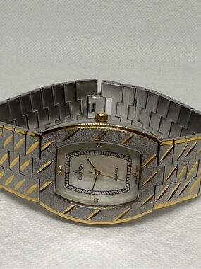 Croton Two-Tone Gold and Silver Rectangular Mother-of-Pearl CZ Diamonds Watch